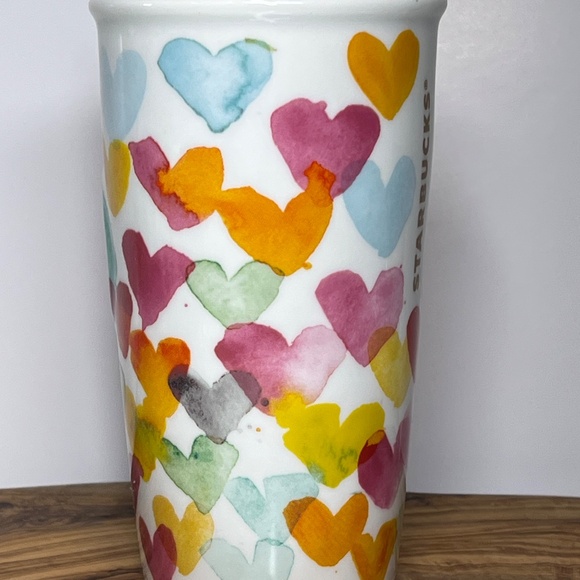 2015 Starbucks Watercolor Hearts Ceramic Travel Tumbler 10 oz Mug Cup with Lid - Picture 7 of 13